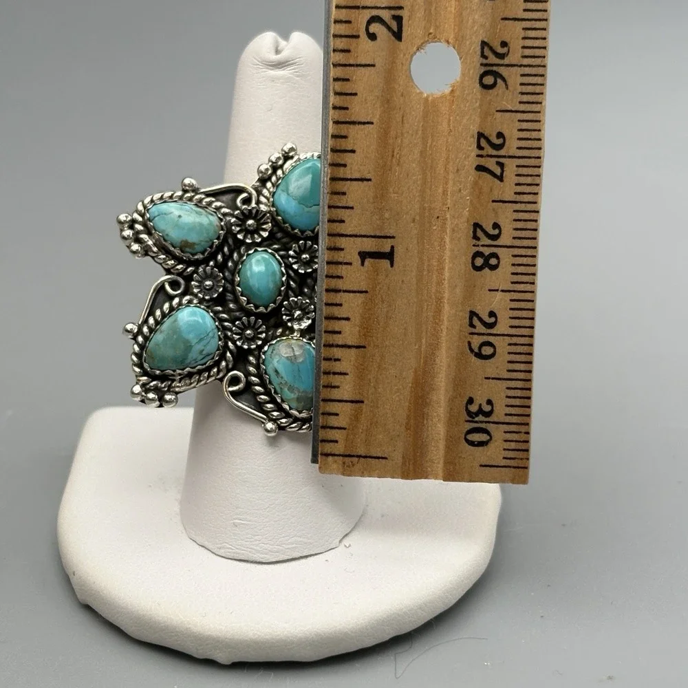 Southwest Turquoise Sterling Silver Ring Size 8 Adjustable Cluster 17.25g